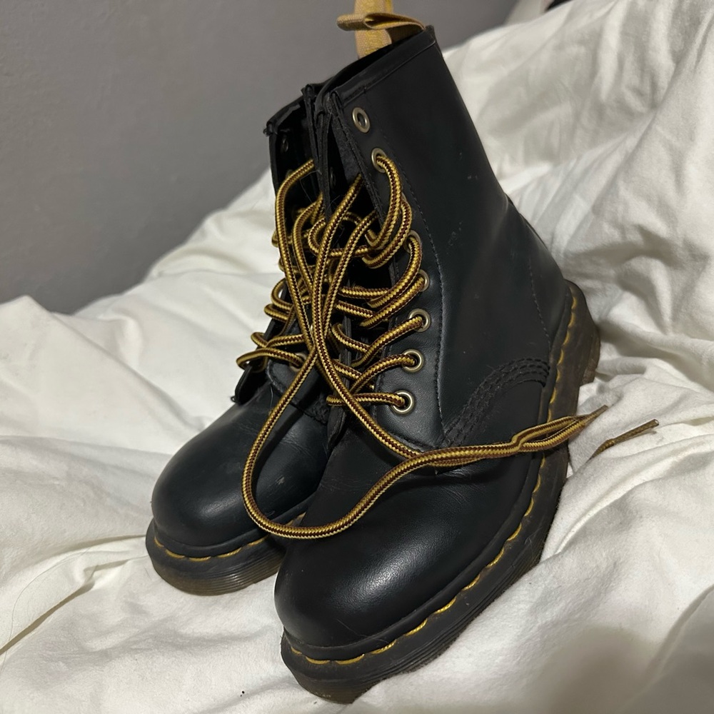 Dr. Martens Black Leather Combat Boots with Gold Laces